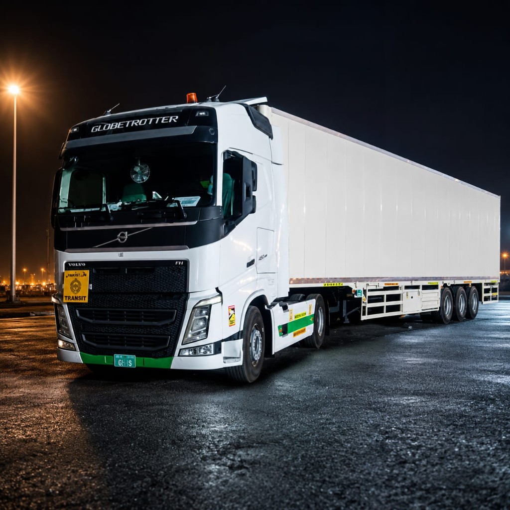 Volvo Globetrotter closed body truck at night